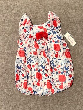 NWT Little Lass White Floral Bubble Romper with Red and Navy Flowers 9m